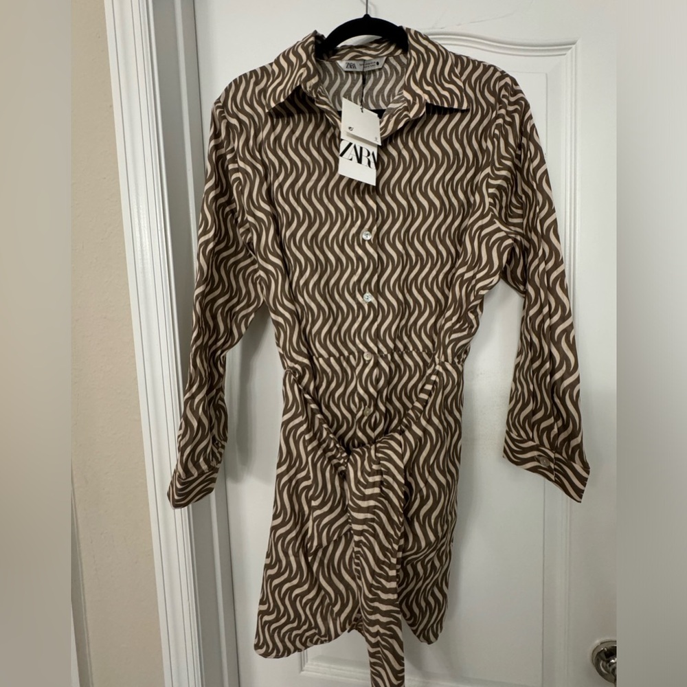 Zara The Zoe Dress Brown Striped Tie Front Mini Button Down Shirt Dress